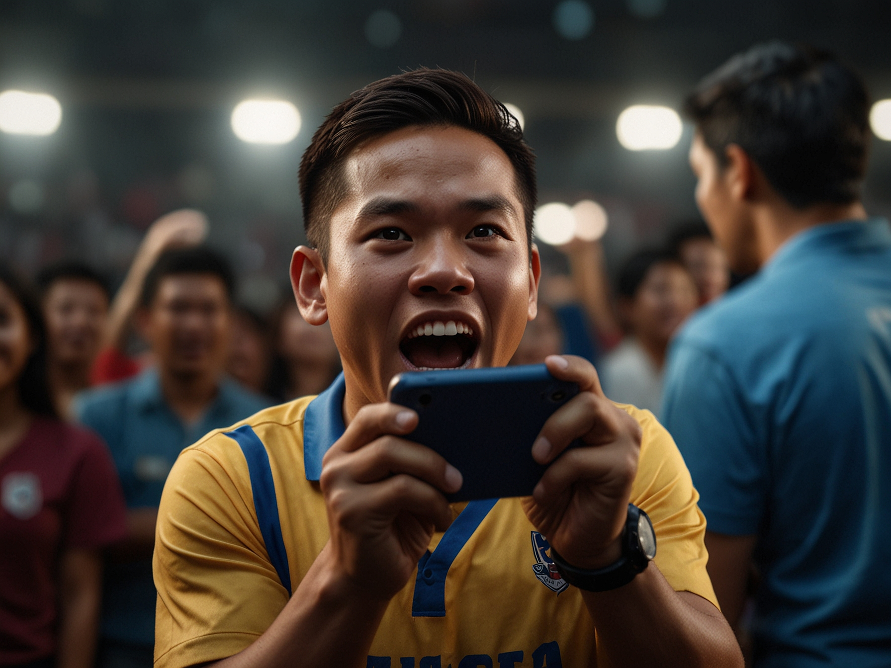 Joyful Filipino bettor celebrating with phone