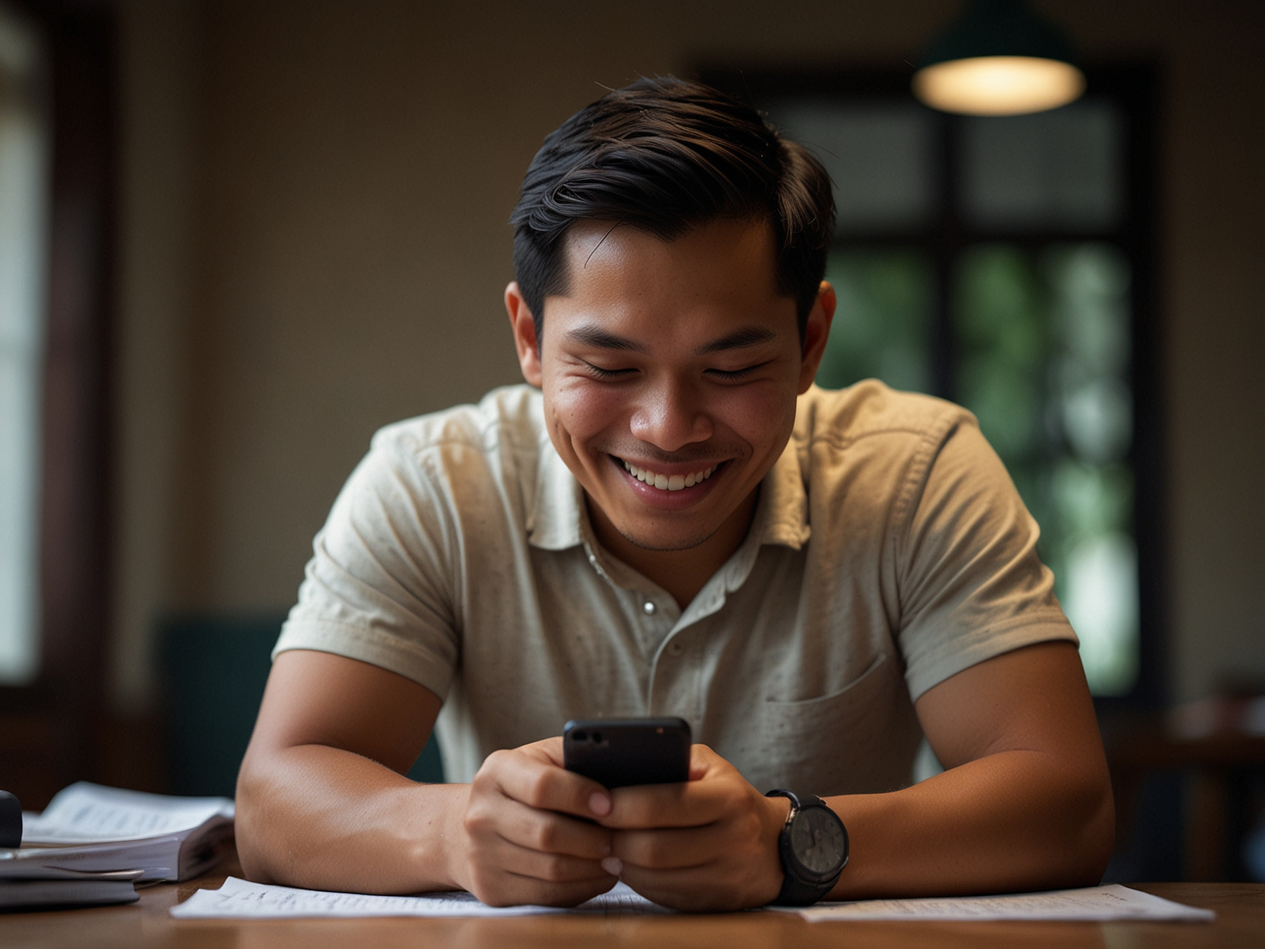 Happy new user holding phone after registration